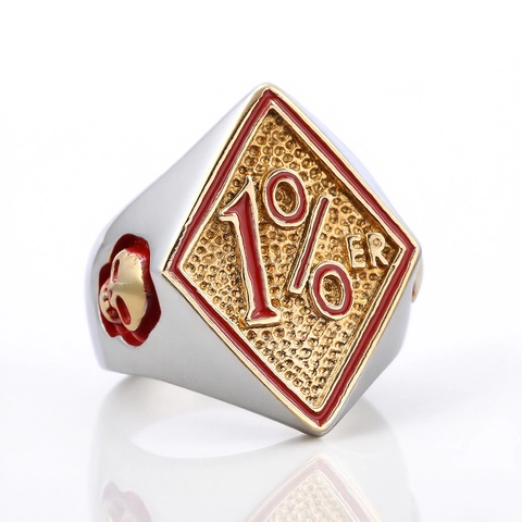 Men Biker Signet Ring 316L Stainless Steel 1%er Logo Skull Relief Gold Plated Red Enamel Punk Gothic Retro Jewelry