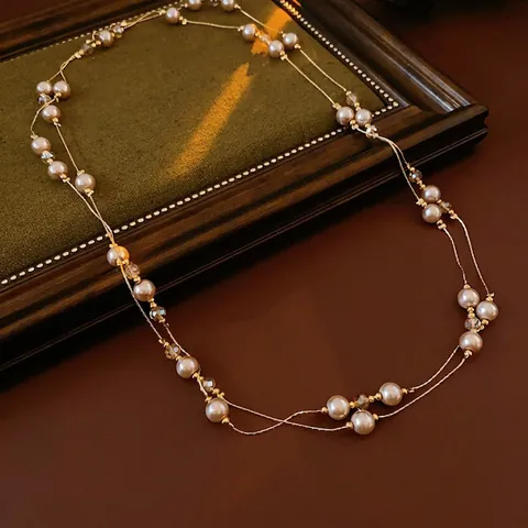 Mehrlagige Lange Künstliche Perlenkette Legierung Glas Kristall Künstliche Perlen Französischer Vintage Eleganter Pulloverkette Für Damen