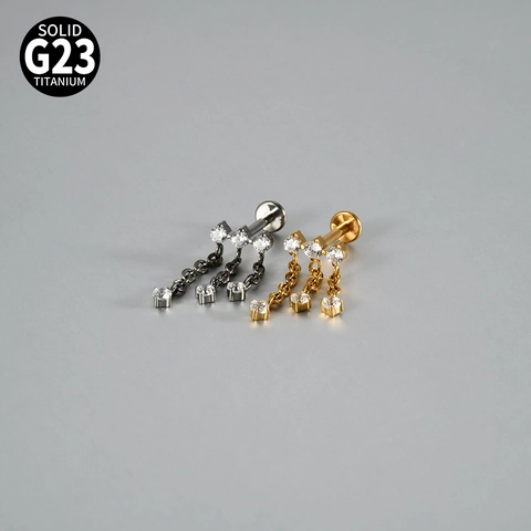 G23 Titanium Internally Threaded Labret Stud Zirconia Inlaid Chain Tassel Lip Ring Body Piercing Jewelry For Women Men