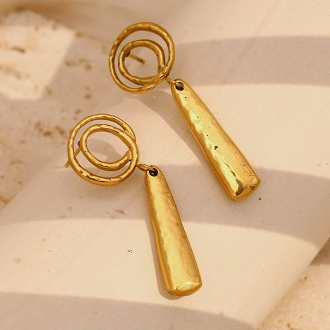 Roestvrijstalen 18K Vergulde Oorbellen Gehamerde Textuur Lange Staaf Hanger Onregelmatige Dubbele Ring Geometrisch Voor Dames