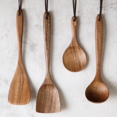 Acacia Wood Kitchen Utensils Collection Long Handle Cooking Spatula Soup Spoon Non-Stick Cookware Friendly Natural Handcrafted