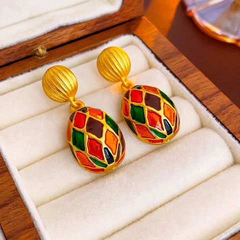 Vintage Emaille Hänger Ohrringe Mit Silbernem Ohrstecker Buntes Harlekin Diamantmuster Retro Palaststil Für Damen