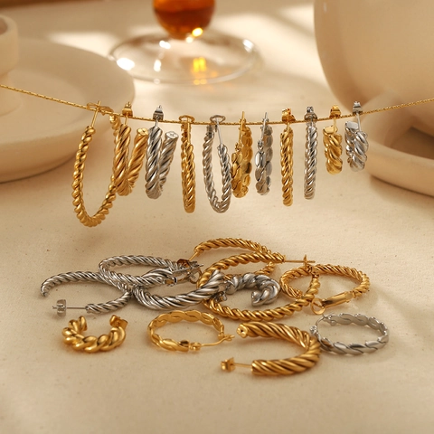 Twisted Rope Hoop Earrings Stainless Steel 18K Gold Plated C Shaped Minimalist Vintage Style Jewelry For Women