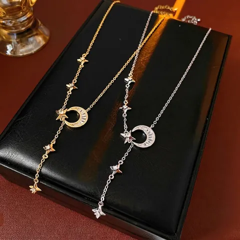 Koperen Zirkonia Maan Ster Hanger Ketting Elegante Y Vorm Kwastje Sleutelbeen Ketting Mode Sieraden Voor Dames