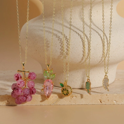 Pendant Necklace Gold Plated Copper With Zircon And Resin Fruit Vegetable Wings Shape Fashion Jewelry For Women Daily Wear