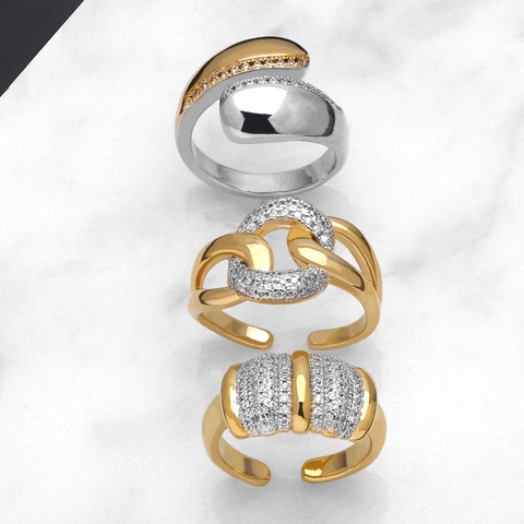 Fashion Adjustable Open Ring Copper Gold Plated Cubic Zirconia Pave Geometric Two Tone Jewelry For Women