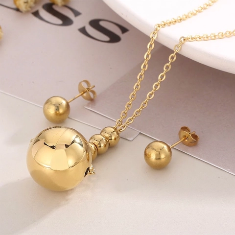 Gioielli Minimalisti In Acciaio Inossidabile Lucidato Con Collana Con Ciondolo A Sfera Tonda E Orecchini A Lobo Donna Moda