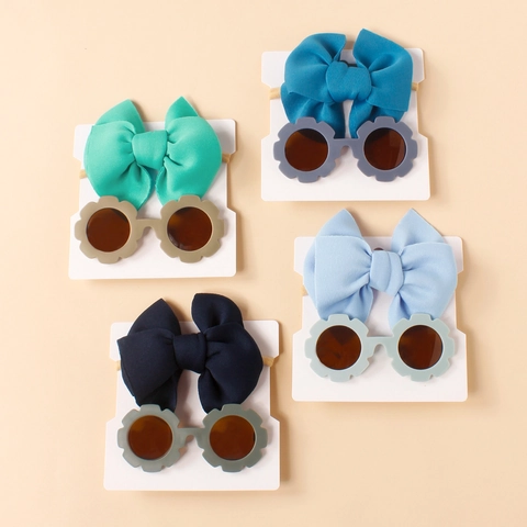 Kids Bow Headband And Flower Sunglasses Two-Piece Set Fabric Elastic Hairband Floral Eyewear For Toddler Girls Gift