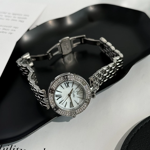 Women Quartz Watch Mother Of Artificial Pearl Dial Rhinestone Bezel Roman Numerals Waterproof Fashion Dress Wristwatch For Ladies
