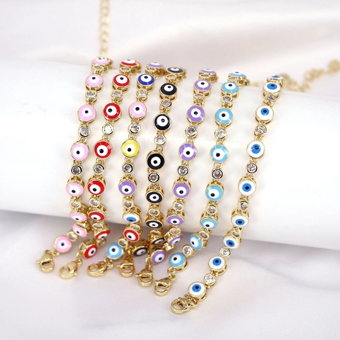 Bracciale Vintage Malocchio Donna Regolabile Smalto Rame Zirconia Placcato Oro Catena a Maglie Braccialetto Gioielli Regalo