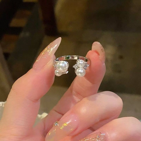 Elegant Open Ring With Faux Artificial Pearl And Zircon Flower Shape French Style Adjustable For Women Fashion Jewelry