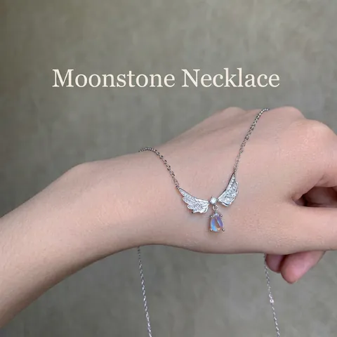 Engel Flügel Mondstein Anhänger Halskette Zinklegierung Strass Schlüsselbein Kette Süß Elegant Mode Schmuck Geschenk Für Damen