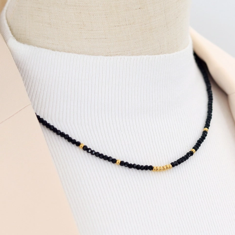 Minimalist Titanium Steel Faceted Black Rhinestone Beaded Necklace For Women Elegant Gold Beads Layering Choker Necklaces Jewelry Gift