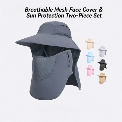 Sun Hat Wide Brim UV Protection Breathable Nylon Bucket Hat Detachable Face Mask Neck Flap Hiking Fishing Unisex