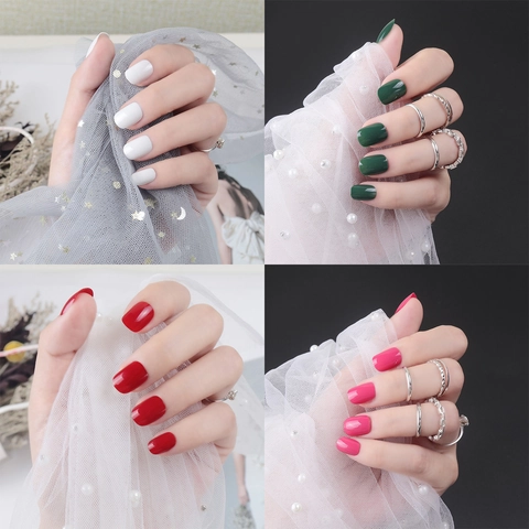 Solid Color Press On Nails Short Square Round Shape Glossy Finish Full Cover Plastic Fake Nails Manicure For Women