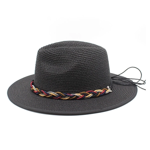 Women Woven Straw Fedora Hat With Multi-Color Braided Band Breathable Wide Brim Sun Protection Summer Beach Vacation Travel
