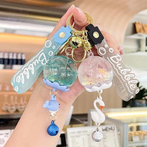 Liquid Quicksand Floating Keychain Transparent Ball With Glitter Bell PVC Wristband Cute Bag Pendant Gift For Women
