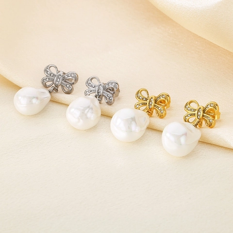 Pendientes Colgantes De Lazo De Acero Inoxidable Con Perla Artificial De Concha Y Strass Estilo Coreano Joyas Elegantes Para Mujer
