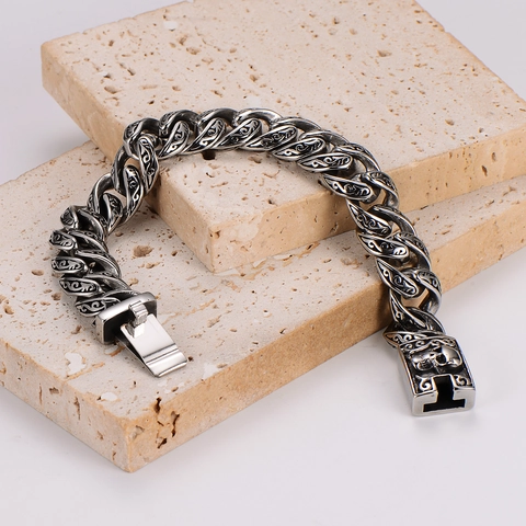 Pulsera De Cadena Cubana Para Hombre Vintage Acero Inoxidable 304 Patrón Tallado Cierre De Calavera Gothic Punk Biker Joyas