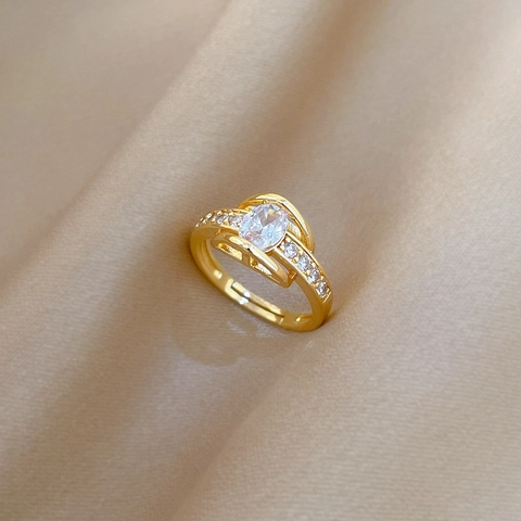Anello Regolabile Con Zircone Ovale Ottone Placcato Oro Reale Gioielli Minimalisti Eleganti Da Donna