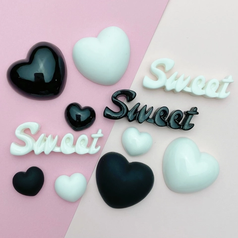 Heart Sweet Letter Resin Flatback Cabochons Black White Glossy Matte For Phone Case Hairpin Jewelry Making Accessories