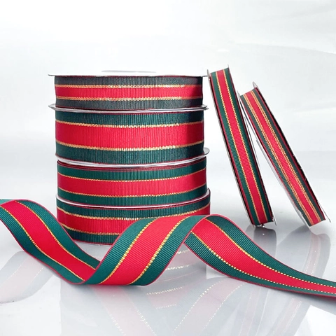 Christmas Grosgrain Ribbon Polyester Metallic Gold Thread Striped For DIY Crafts Bows Gift Wrapping Holiday Decoration
