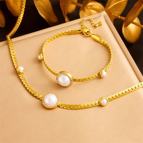 Edelstahl Künstliche Perle Straß Halskette Ohrringe Und Armband Elegant Vergoldet Schmuck Für Damen