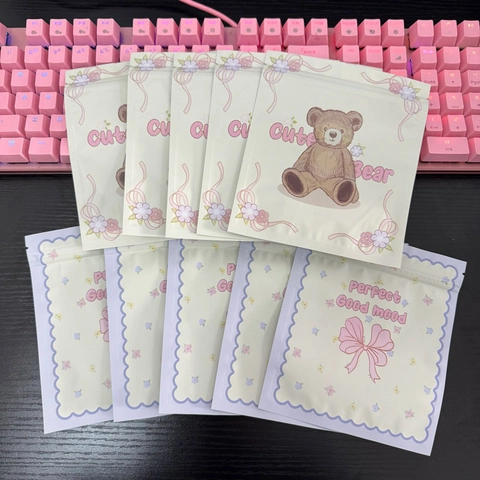 Cute Cartoon Bear Pink Bowknot Aluminum Foil Self Sealing Bags Double Sided Reusable Storage For Candy Toys Stationery