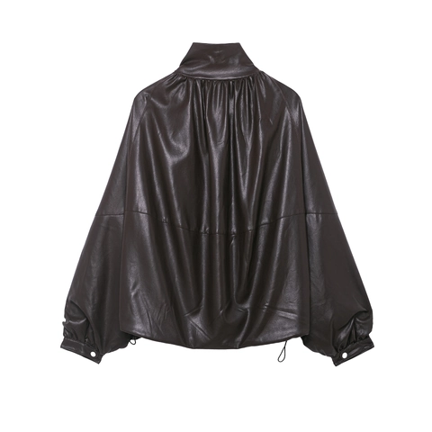 Women Faux Leather Bomber Jacket Stand Collar Drawstring Hem Long Sleeve Zipper Solid Coffee Color