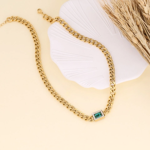 Collana E Bracciale In Acciaio Inossidabile Vintage Pendente In Vetro Verde Smeraldo Catena Asimmetrica Oro Gioielli