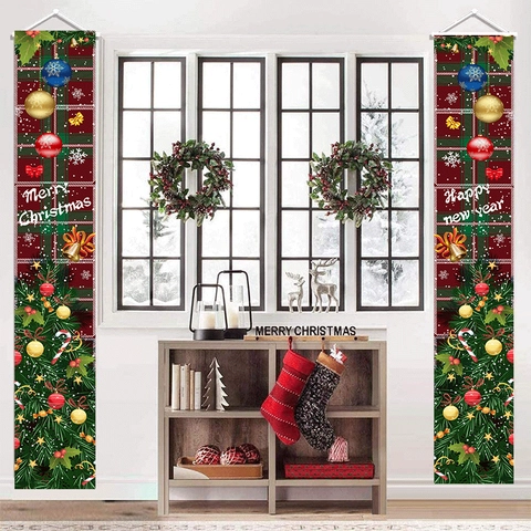 Christmas Porch Banner Oxford Fabric Merry Christmas Welcome Sign For Front Door Holiday Home Hanging Decoration Plaid