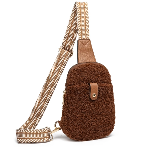 Damen Lammwolle Brusttasche Plüsch Umhängetasche Mit Ethnisch Gewebtem Breitem Gurt PU-Leder Besatz Winter Mode Lässig