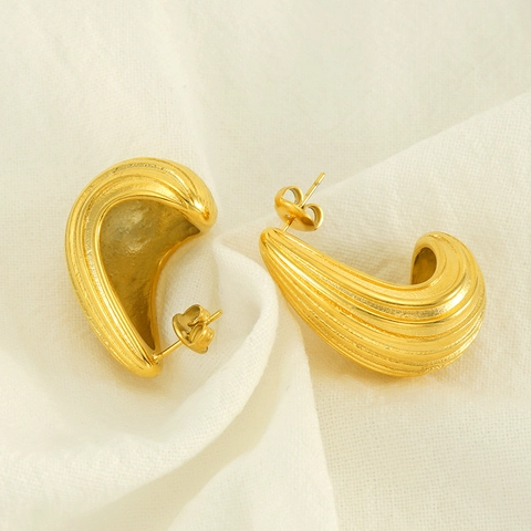 Boucles D'oreilles Épaisses En Forme De C Nervurées Acier Inoxydable Plaqué Or 18K Style Luxe Vintage Accessoire Bijoux Femme