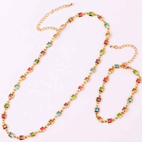 Necklace Bracelet 18K Gold Plated Copper Colorful Square Zircon Thin Chain Adjustable Ethnic Fashion Jewelry For Women
