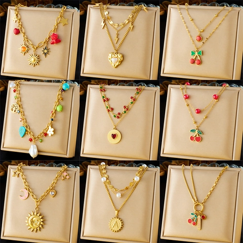 Collana con Pendente a Doppio Strato in Acciaio Inossidabile Vintage Oro Strass Ciliegia Cuore Sole Luna Stella Collana di Perle Artificiali Gioielli da Donna