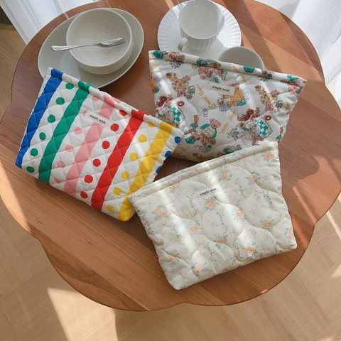 Borsa In Tela Di Cotone Trapuntata Stampa Fiori Orso Morbido Imbottito Organizer Trucco Pochette Per Donne