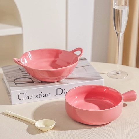 Bol De Cerámica Con Doble Asa Cuenco Para Sopa Ensalada Irregular Estilo Ins Color Sólido Postre Fideos Vajilla Porcelana
