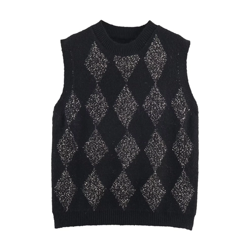 Women Sequin Argyle Knit Sweater Vest Fuzzy Plush Sleeveless Round Neck Pullover Elegant Casual Autumn Winter Knitwear Top