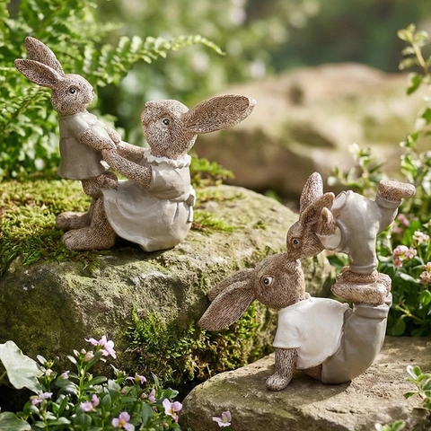 Resin Rabbit Figurines Retro Pastoral Style Parent-Child Bunny Statues For Garden Patio Home Desktop Decor Easter Gift
