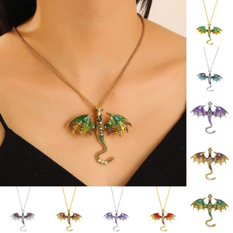 Retro Flying Dragon Jewelry Alloy Enamel Drip Oil Rhinestone Brooch Necklace Earrings Ring Gothic Punk Style Accessory
