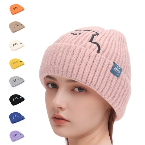 Bear Embroidery Acrylic Knitted Beanie Hat Ribbed Foldable Brim Warm Windproof Fashion Cold Cap For Men Women