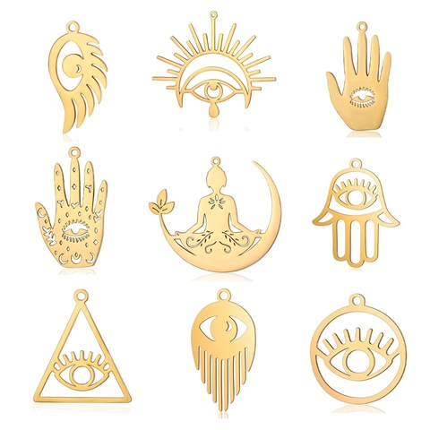 Hamsa Hand Böser Blick Anhänger Edelstahl Hohl Yoga Lotus Mond Stern Geometrisch DIY Schmuckherstellung