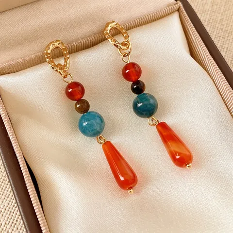 Vintage Ethnic Dangle Drop Earrings With Colorful Agate Stone Beads And Silver Earring Post Bohemian Style For Women