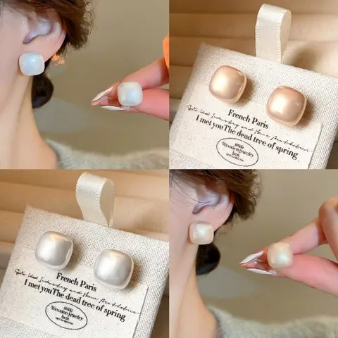 Square Cube Imitation Artificial Pearl Stud Earrings With Silver Earring Post Gold Plated Elegant Minimalist For Women