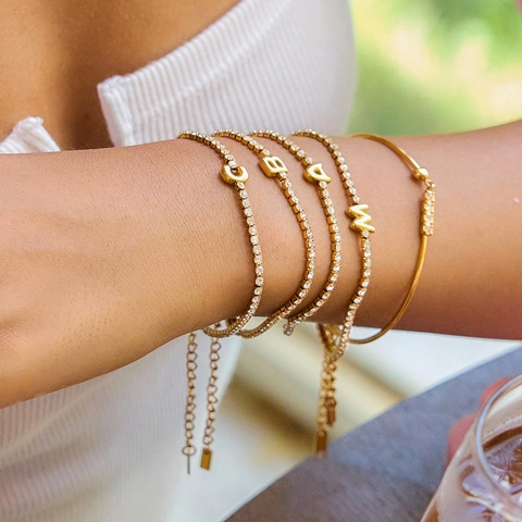 Gold Plated Stainless Steel Tennis Bracelet Initial Letter Pendant Waterproof Zirconia Adjustable Trendy Jewelry