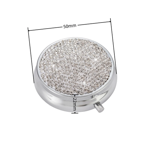 Rhinestone Sparkling Portable Round Pill Box Metal Plastic Travel Medicine Case Mirror Compartments Organizer