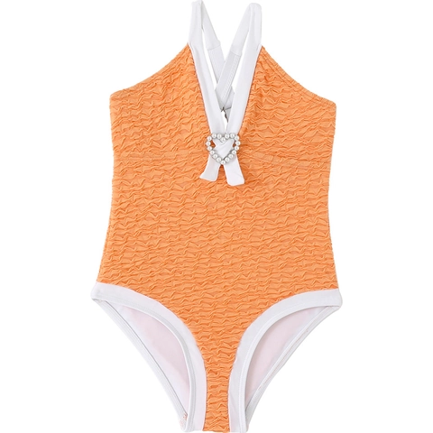 Girls One Piece Swimsuit Nylon Flutter Sleeve Tropical Print Heart Artificial Pearl Halter Neck Summer Beach Bathing Suit