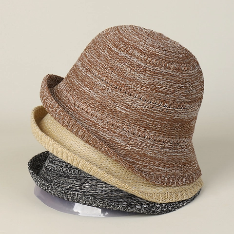 Chapeau Cloche Tricoté Femmes Couleurs Mixtes Coton Polyester Respirant Protection Solaire Bord Roulé Pliable Réglable
