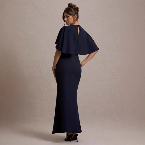 Women Sexy Ruched Polyester Maxi Dress With Cape Sleeves Elegant Hollow Out Bodycon Evening Gown