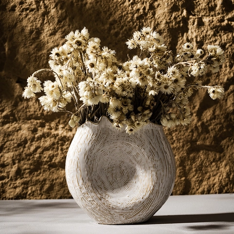 Nordic Minimalist White Ceramic Vase Irregular Wavy Rim Textured Handcrafted Wabi Sabi Style Home Decor Ornament